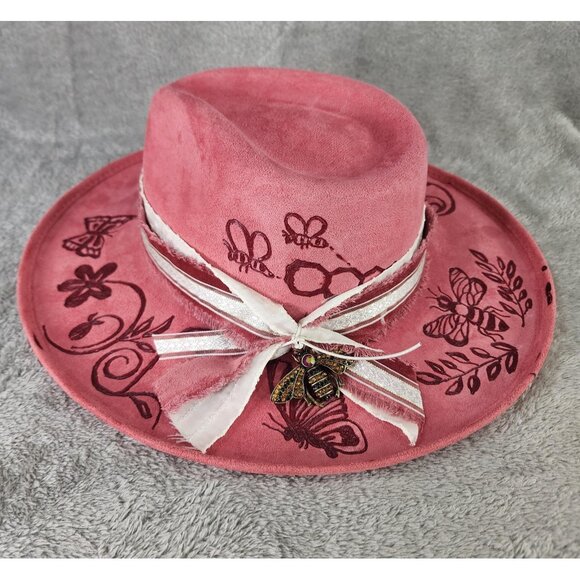 Womens Cowgirl Hat Medium Pink Felt Butterfly Bee Floral Burnt Painted Western - Picture 10 of 14